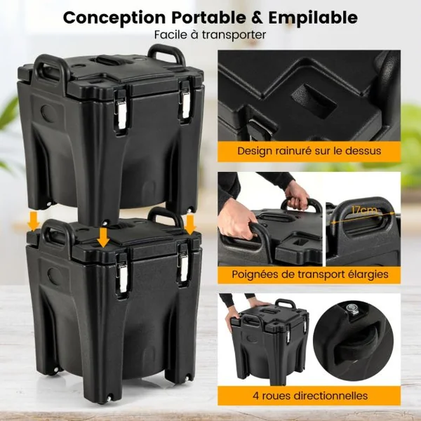 Récipient à Soupe isolé Chauffe-plats Empilable de 30 L Conteneur Isotherme Portable en Acier Inoxydable avec 4 Roues et 2 Freins Noir