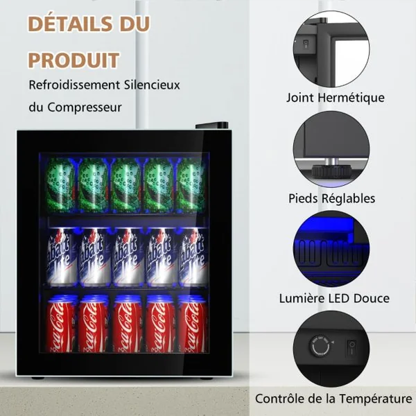 Réfrigérateur et Refroidisseur de Boissons 60 Canettes Mini Frigo avec Porte en Verre & Étagères Amovibles Ajustables (60 Canettes) Noir