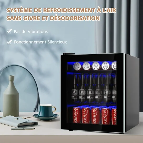 Réfrigérateur et Refroidisseur de Boissons 60 Canettes Mini Frigo avec Porte en Verre & Étagères Amovibles Ajustables (60 Canettes) Noir
