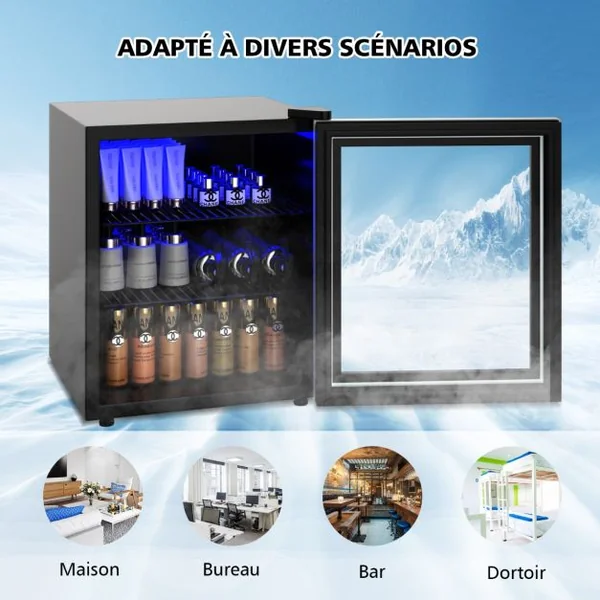 Réfrigérateur et Refroidisseur de Boissons 60 Canettes Mini Frigo avec Porte en Verre & Étagères Amovibles Ajustables (60 Canettes) Noir