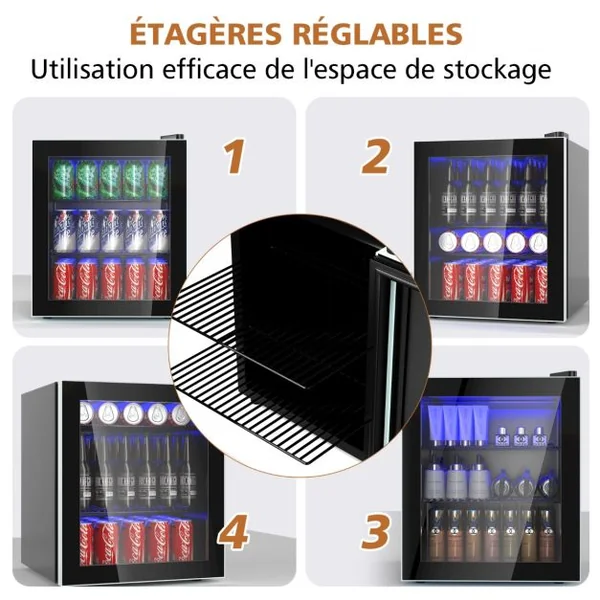 Réfrigérateur et Refroidisseur de Boissons 60 Canettes Mini Frigo avec Porte en Verre & Étagères Amovibles Ajustables (60 Canettes) Noir