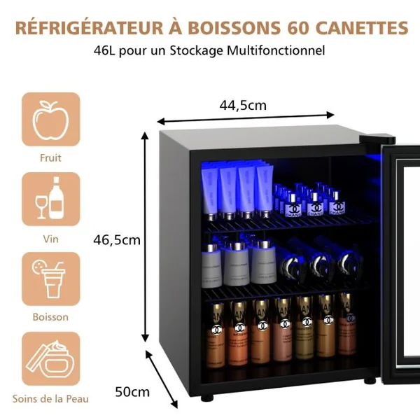 Réfrigérateur et Refroidisseur de Boissons 60 Canettes Mini Frigo avec Porte en Verre & Étagères Amovibles Ajustables (60 Canettes) Noir