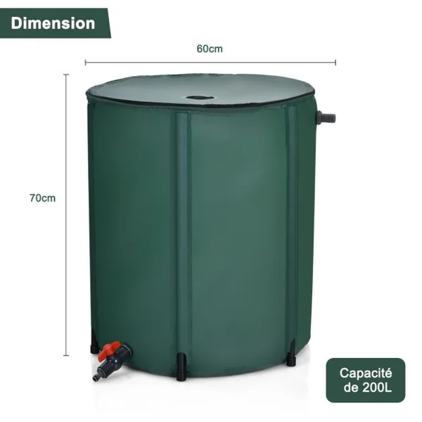 Réservoir Pliable 200L avec Le Récipient de Stockage d'Eau de Filtre de Robinet 60x70CM Idéal pour l'Arrosage des Plantes Vert