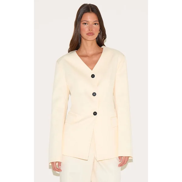 Sable Blazer Ajusté Sans Col Boutonné En Tissu Premium