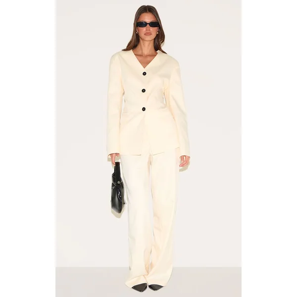 Sable Blazer Ajusté Sans Col Boutonné En Tissu Premium