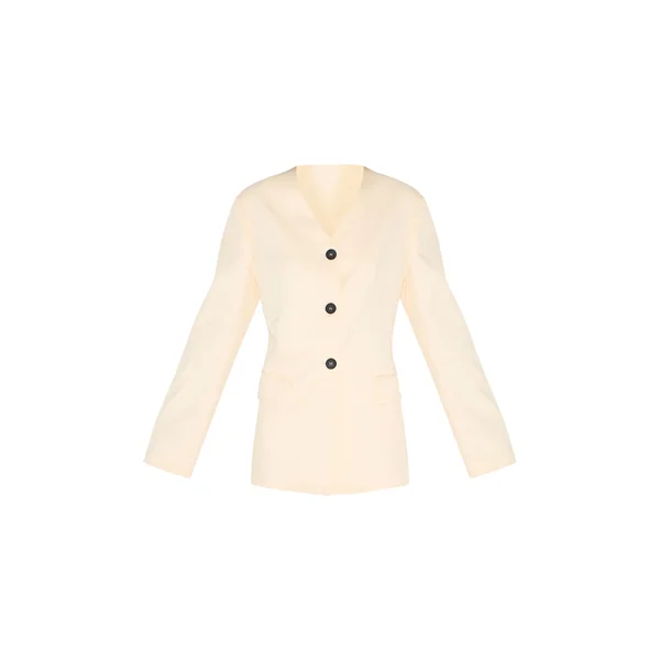 Sable Blazer Ajusté Sans Col Boutonné En Tissu Premium
