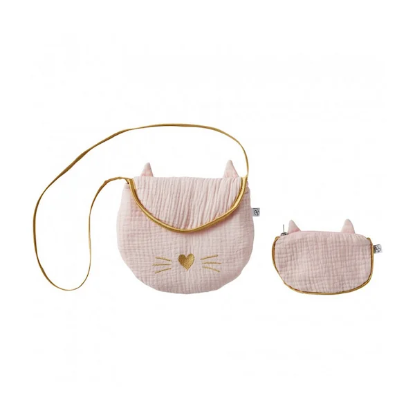 Sac bandoulière + porte monnaie Chat gaze de coton blush / or