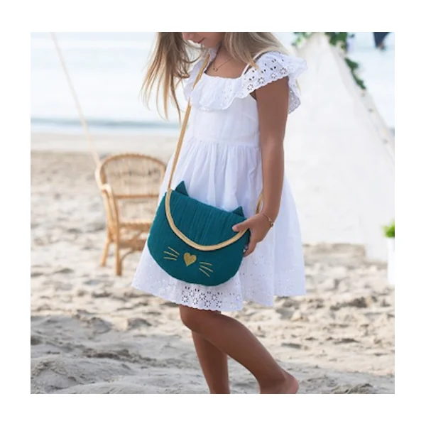 Sac bandoulière + porte monnaie Chat gaze de coton ivoire / or