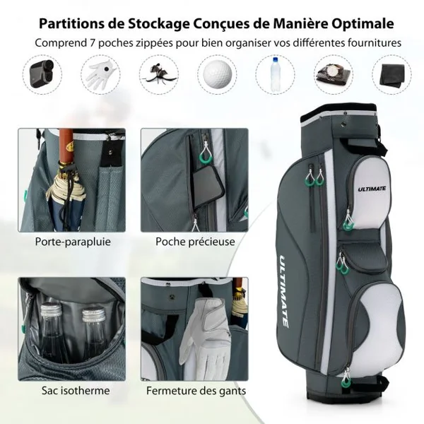 Sac de Chariot de Golf avec 14 Compartiments Séparés Sac de Club de Golf avec Capuche Anti-Pluie/Housse Anti-Poussière