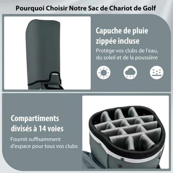 Sac de Chariot de Golf avec 14 Compartiments Séparés Sac de Club de Golf avec Capuche Anti-Pluie/Housse Anti-Poussière