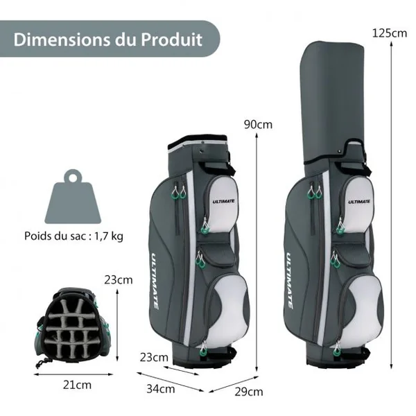 Sac de Chariot de Golf avec 14 Compartiments Séparés Sac de Club de Golf avec Capuche Anti-Pluie/Housse Anti-Poussière