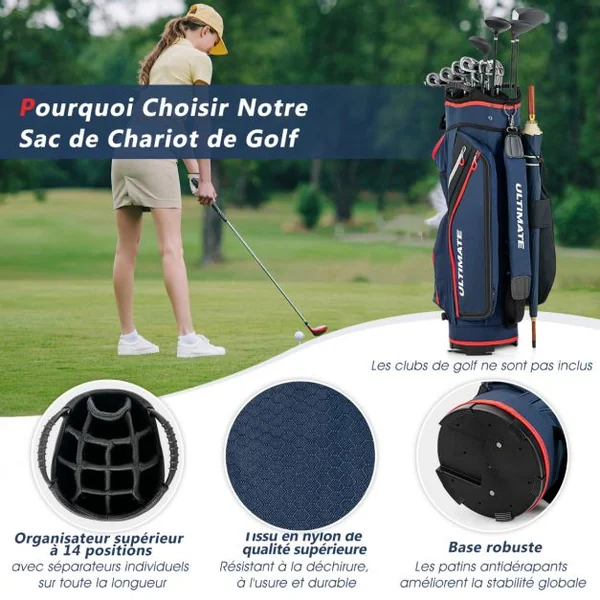 Sac de Club de Golf avec 14 Compartiments Séparés 8 Poches Capuche Anti-Pluie Bandoulière Sac Isotherme Léger en Nylon Marine