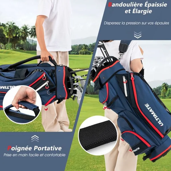 Sac de Club de Golf avec 14 Compartiments Séparés 8 Poches Capuche Anti-Pluie Bandoulière Sac Isotherme Léger en Nylon Marine