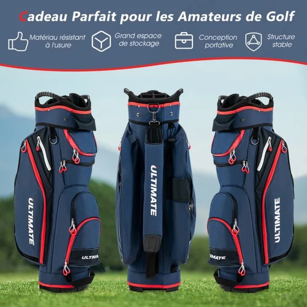 Sac de Club de Golf avec 14 Compartiments Séparés 8 Poches Capuche Anti-Pluie Bandoulière Sac Isotherme Léger en Nylon Marine