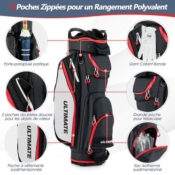 Sac de Club de Golf avec 14 Compartiments Séparés 8 Poches Capuche Anti-Pluie Bandoulière Sac Isotherme Léger en Nylon Noir
