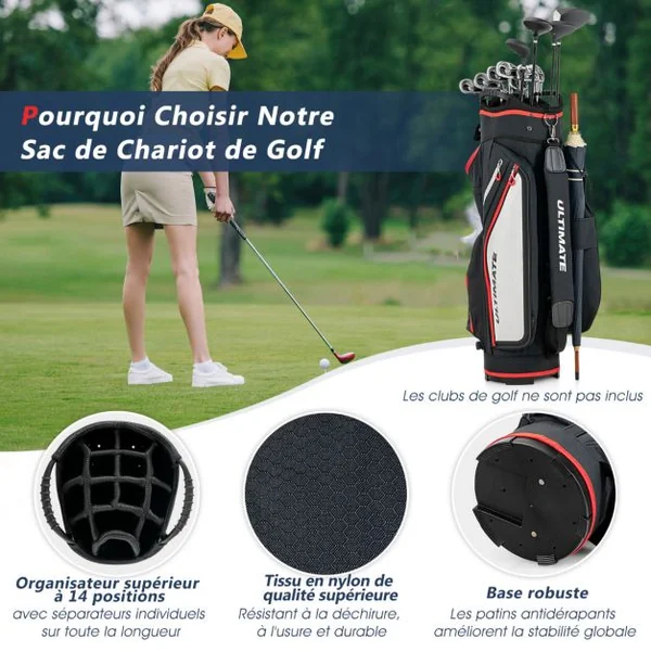 Sac de Club de Golf avec 14 Compartiments Séparés 8 Poches Capuche Anti-Pluie Bandoulière Sac Isotherme Léger en Nylon Noir
