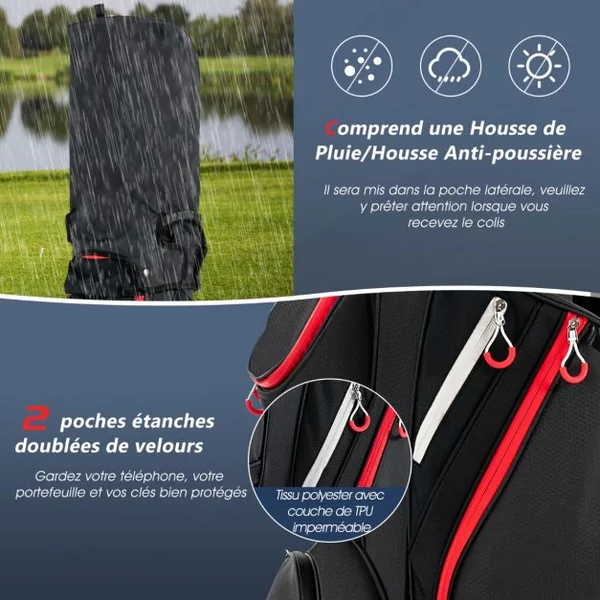 Sac de Club de Golf avec 14 Compartiments Séparés 8 Poches Capuche Anti-Pluie Bandoulière Sac Isotherme Léger en Nylon Noir