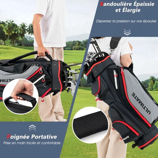 Sac de Club de Golf avec 14 Compartiments Séparés 8 Poches Capuche Anti-Pluie Bandoulière Sac Isotherme Léger en Nylon Noir