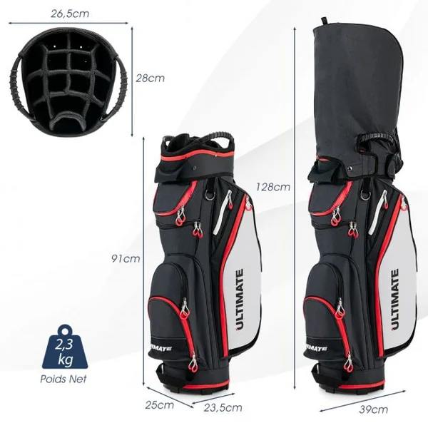 Sac de Club de Golf avec 14 Compartiments Séparés 8 Poches Capuche Anti-Pluie Bandoulière Sac Isotherme Léger en Nylon Noir