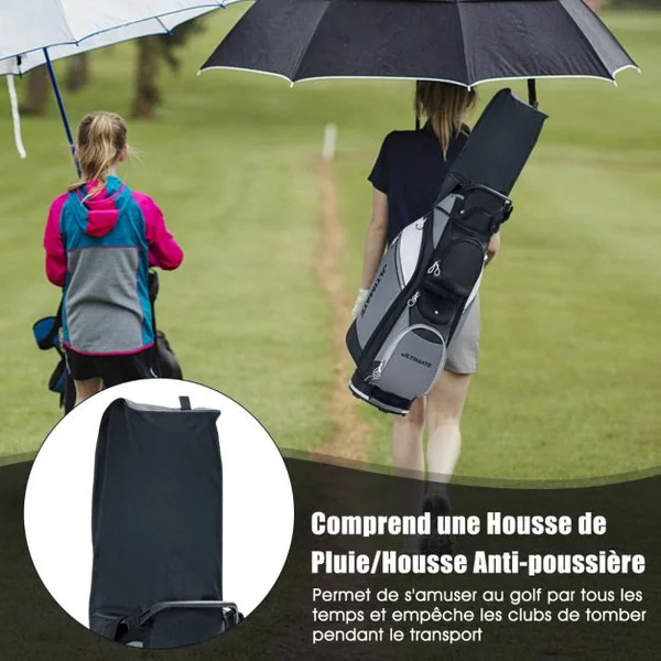 Sac de Club de Golf Portable avec 14 Compartiments Séparés 7 Poches Capuche Anti-pluie Double Sangle Sac Isotherme Nylon