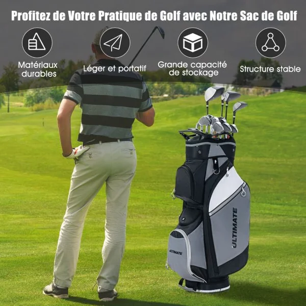 Sac de Club de Golf Portable avec 14 Compartiments Séparés 7 Poches Capuche Anti-pluie Double Sangle Sac Isotherme Nylon