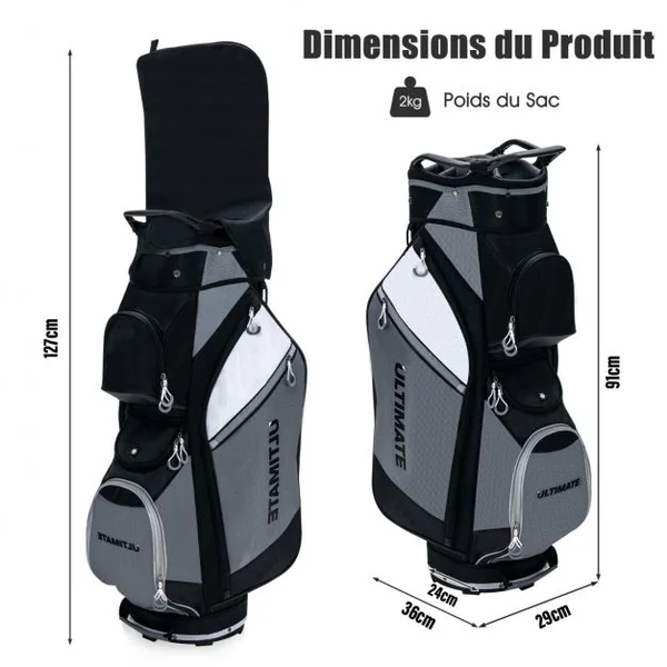 Sac de Club de Golf Portable avec 14 Compartiments Séparés 7 Poches Capuche Anti-pluie Double Sangle Sac Isotherme Nylon