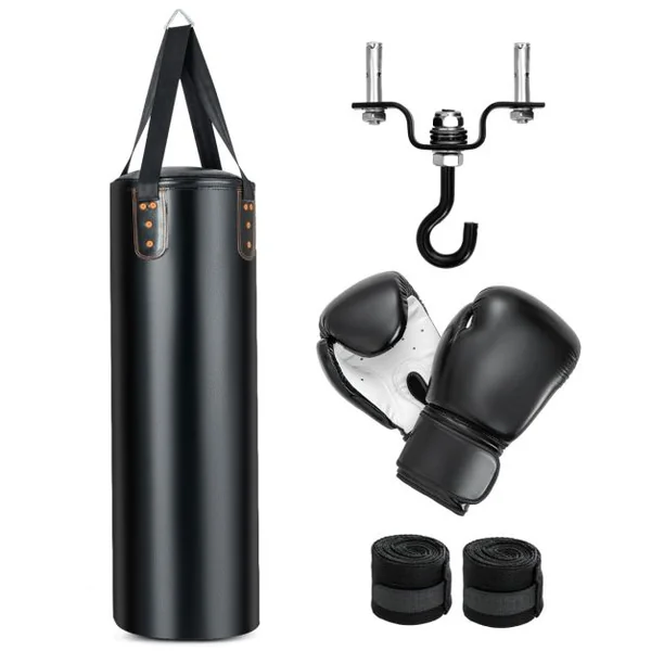 Sac de Frappe 16KG 4 en 1 et 2 Gants Ensemble de Sac de Boxe Suspendu avec Bandage pour les Mains Chaînes de Suspension Double Couture