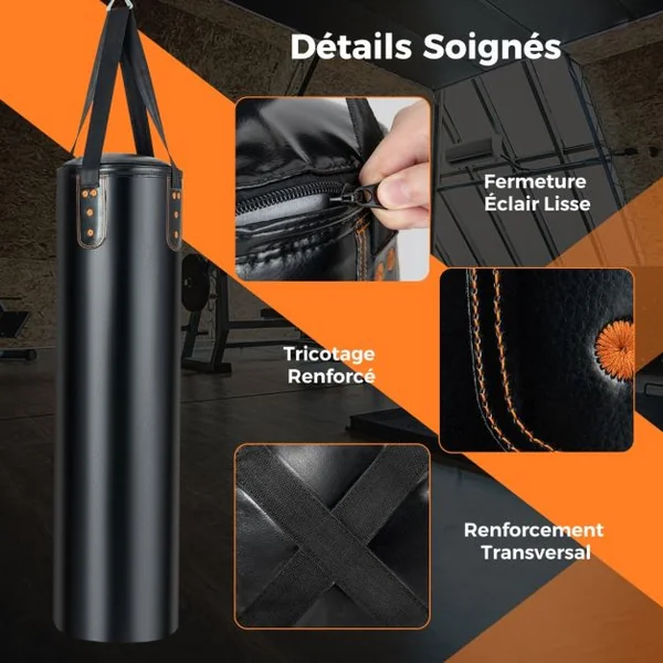 Sac de Frappe 16KG 4 en 1 et 2 Gants Ensemble de Sac de Boxe Suspendu avec Bandage pour les Mains Chaînes de Suspension Double Couture