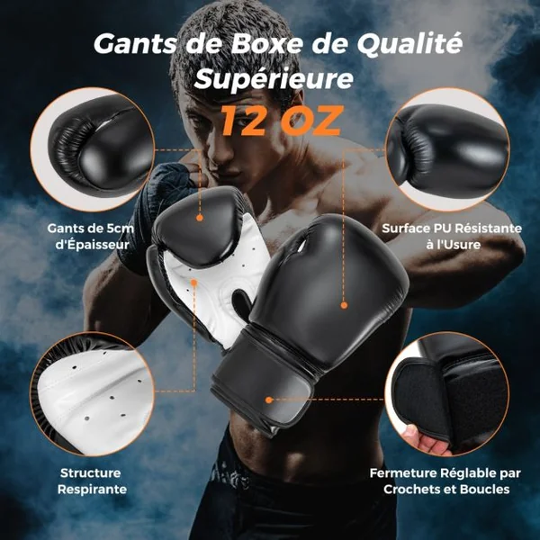 Sac de Frappe 16KG 4 en 1 et 2 Gants Ensemble de Sac de Boxe Suspendu avec Bandage pour les Mains Chaînes de Suspension Double Couture