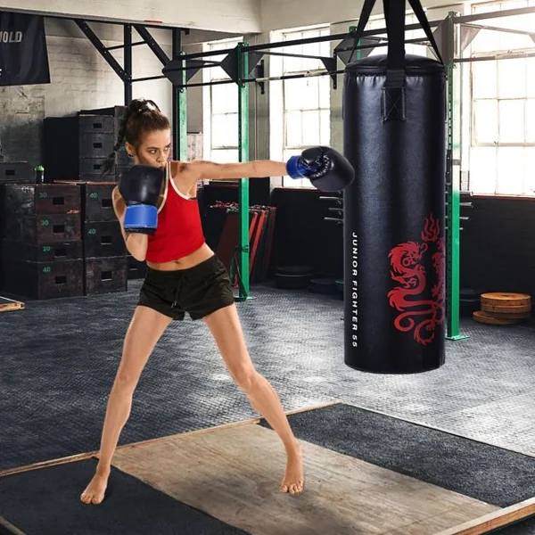 Sac de Frappe 18KG et 2 Gants pour Enfants avec Corde à Sauter Crochet de Plafond pour Boxe Entraînement Sparring Idéal Cadeau pour Enfants 6 Ans+