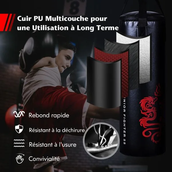 Sac de Frappe 18KG et 2 Gants pour Enfants avec Corde à Sauter Crochet de Plafond pour Boxe Entraînement Sparring Idéal Cadeau pour Enfants 6 Ans+