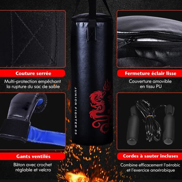 Sac de Frappe 18KG et 2 Gants pour Enfants avec Corde à Sauter Crochet de Plafond pour Boxe Entraînement Sparring Idéal Cadeau pour Enfants 6 Ans+