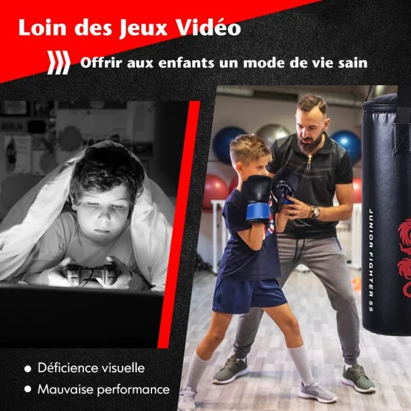 Sac de Frappe 18KG et 2 Gants pour Enfants avec Corde à Sauter Crochet de Plafond pour Boxe Entraînement Sparring Idéal Cadeau pour Enfants 6 Ans+
