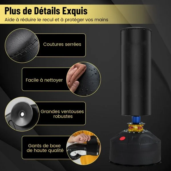 Sac de Frappe Autoportant 173 cm de 5 Couches Sac de Boxe Lourd avec Support et Base à Ventouse Système Antichoc pour Adultes Jeunes