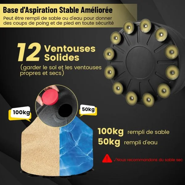 Sac de Frappe Autoportant 173 cm de 5 Couches Sac de Boxe Lourd avec Support et Base à Ventouse Système Antichoc pour Adultes Jeunes
