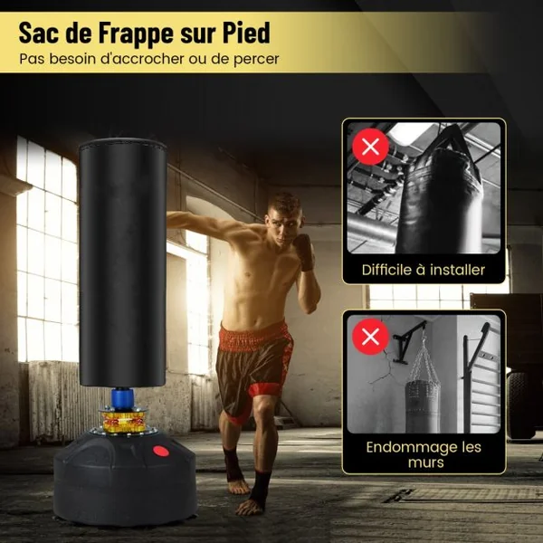 Sac de Frappe Autoportant 173 cm de 5 Couches Sac de Boxe Lourd avec Support et Base à Ventouse Système Antichoc pour Adultes Jeunes