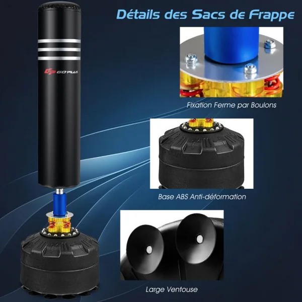 Sac de Frappe Autoportant 175 cm 100 kg avec Support et Gants avec Base à Ventouse pour Jeunes Adultes