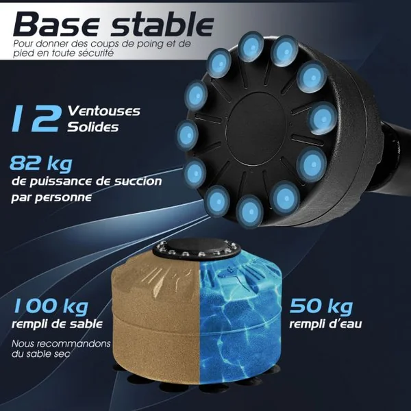 Sac de Frappe Autoportant 175 cm 100 kg avec Support et Gants avec Base à Ventouse pour Jeunes Adultes