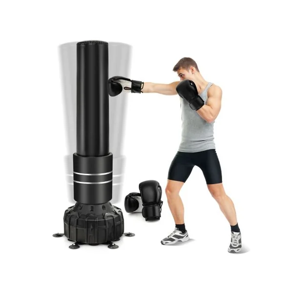 Sac de Frappe Autoportant 182 cm Sac de Boxe Lourd Remplissable avec Support 1 Paire de Gants de Boxe Base à Ventouse Amortisseur