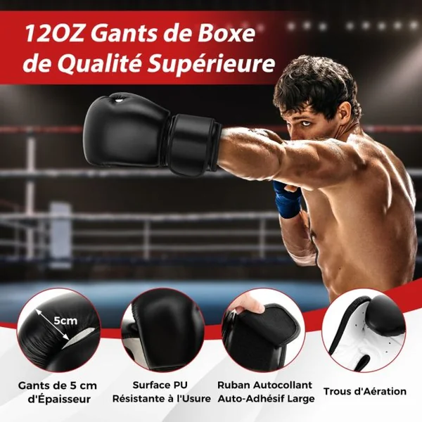 Sac de Frappe Autoportant 182 cm Sac de Boxe Lourd Remplissable avec Support 1 Paire de Gants de Boxe Base à Ventouse Amortisseur