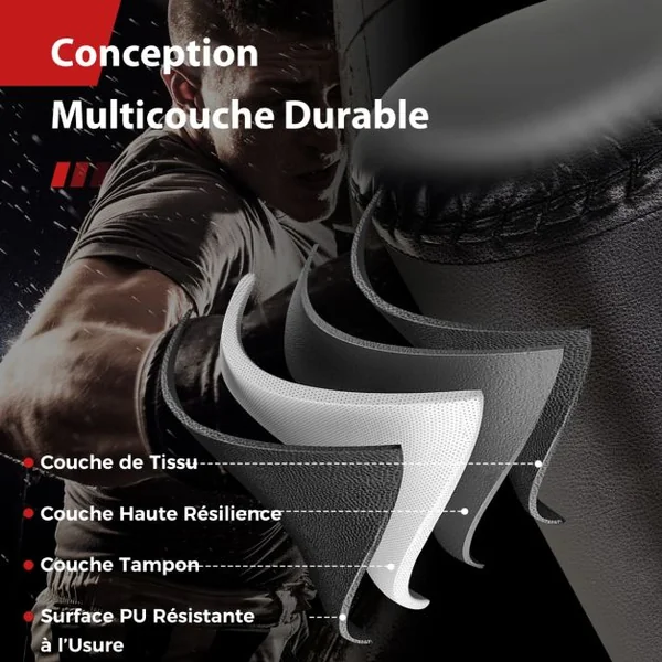 Sac de Frappe Autoportant 182 cm Sac de Boxe Lourd Remplissable avec Support 1 Paire de Gants de Boxe Base à Ventouse Amortisseur