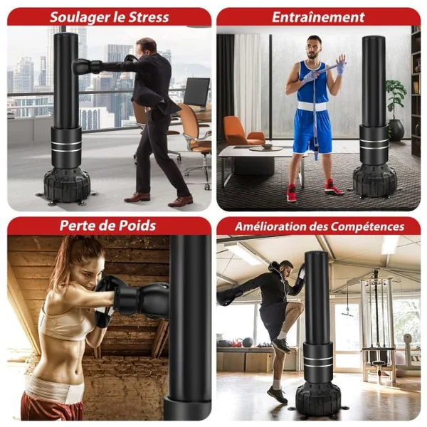 Sac de Frappe Autoportant 182 cm Sac de Boxe Lourd Remplissable avec Support 1 Paire de Gants de Boxe Base à Ventouse Amortisseur