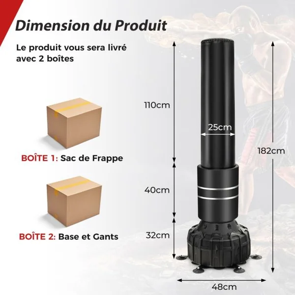 Sac de Frappe Autoportant 182 cm Sac de Boxe Lourd Remplissable avec Support 1 Paire de Gants de Boxe Base à Ventouse Amortisseur