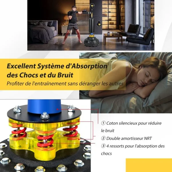 Sac de Frappe sur Pied Entraîneur de Vitesse en Boxe Barre Pivotante à 360° Punching Ball Hauteur Réglable 168-201cm pour MMA Adolescents & Adultes
