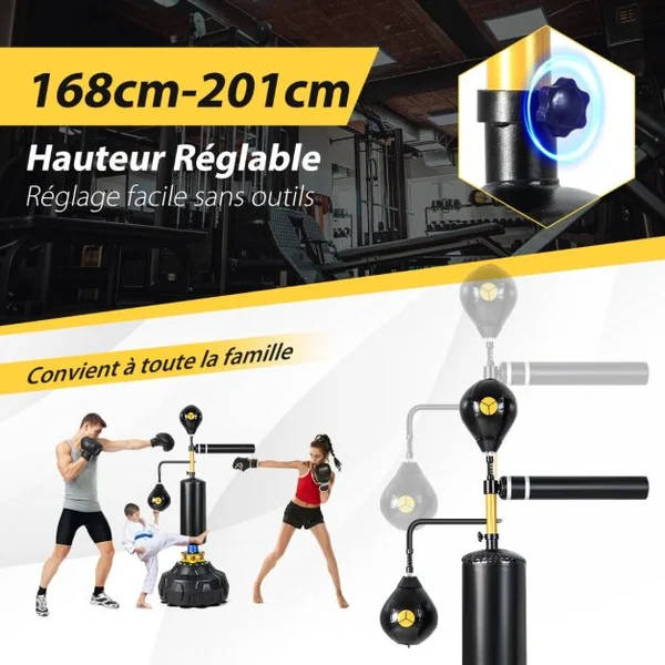 Sac de Frappe sur Pied Entraîneur de Vitesse en Boxe Barre Pivotante à 360° Punching Ball Hauteur Réglable 168-201cm pour MMA Adolescents & Adultes