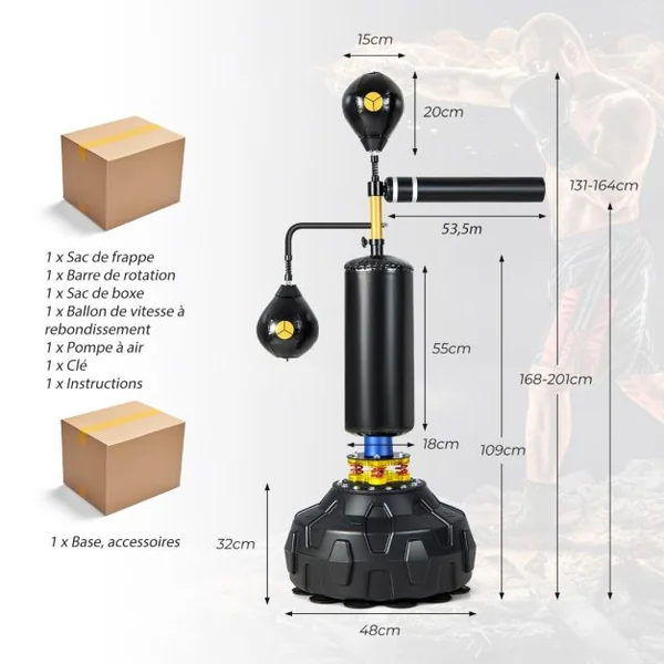 Sac de Frappe sur Pied Entraîneur de Vitesse en Boxe Barre Pivotante à 360° Punching Ball Hauteur Réglable 168-201cm pour MMA Adolescents & Adultes