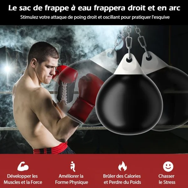 Sac de Frappe à Eau 55x71cm avec Chaîne Réglable Charge 80L Entraînement Professionnel et Débutant avec Tube de Remplissage d'Eau