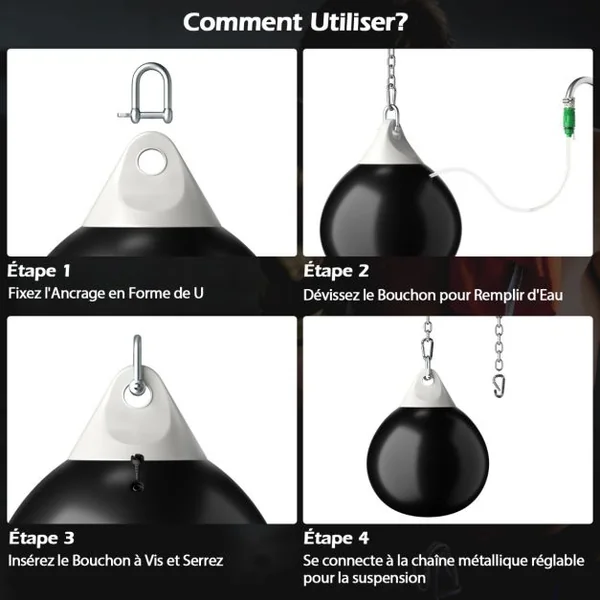 Sac de Frappe à Eau 55x71cm avec Chaîne Réglable Charge 80L Entraînement Professionnel et Débutant avec Tube de Remplissage d'Eau