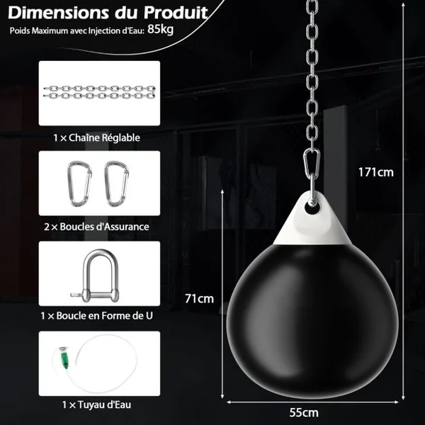 Sac de Frappe à Eau 55x71cm avec Chaîne Réglable Charge 80L Entraînement Professionnel et Débutant avec Tube de Remplissage d'Eau