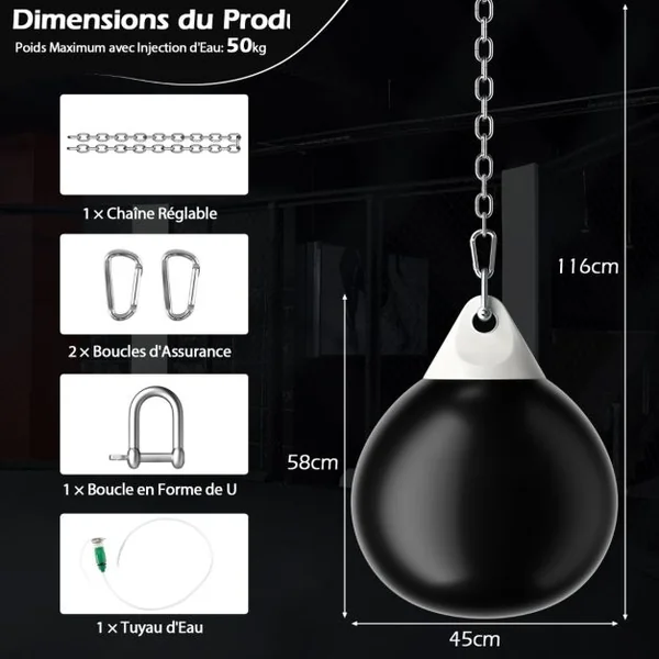 Sac de Frappe à Eau avec Crochet Chaîne Métallique Réglable Boucles d'Assurance et Injection d'Eau pour Boxe Suspendue Charge Max 50KG Blanc/Noir/Bleu/Rouge